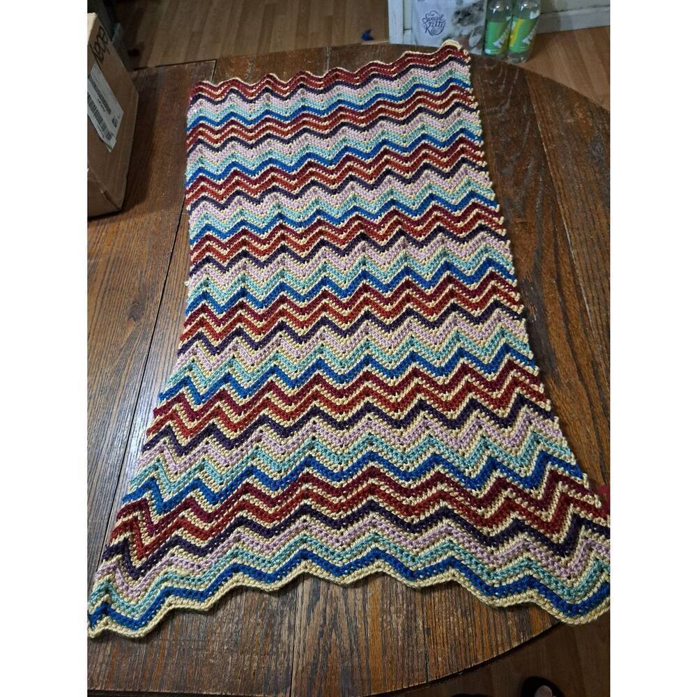 Vintage Handmade Crocheted Tan Blue Purple Lap Blanket Baby Blanket Table Cloth